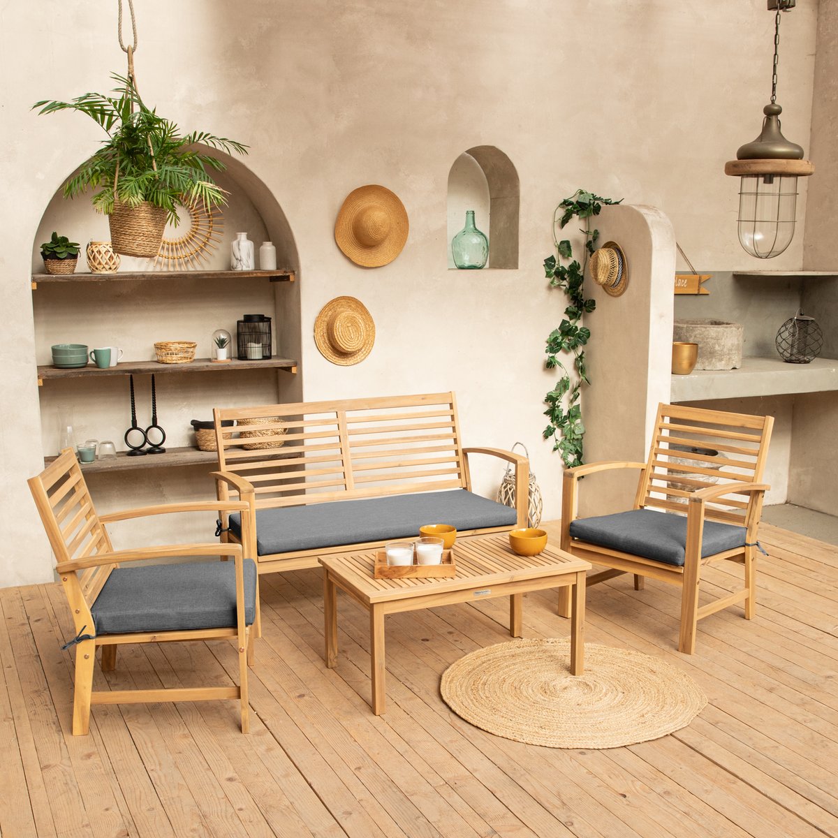 Salon de jardin en acacia, 4 pl, GOA gris, naturel, HAPPY GARDEN