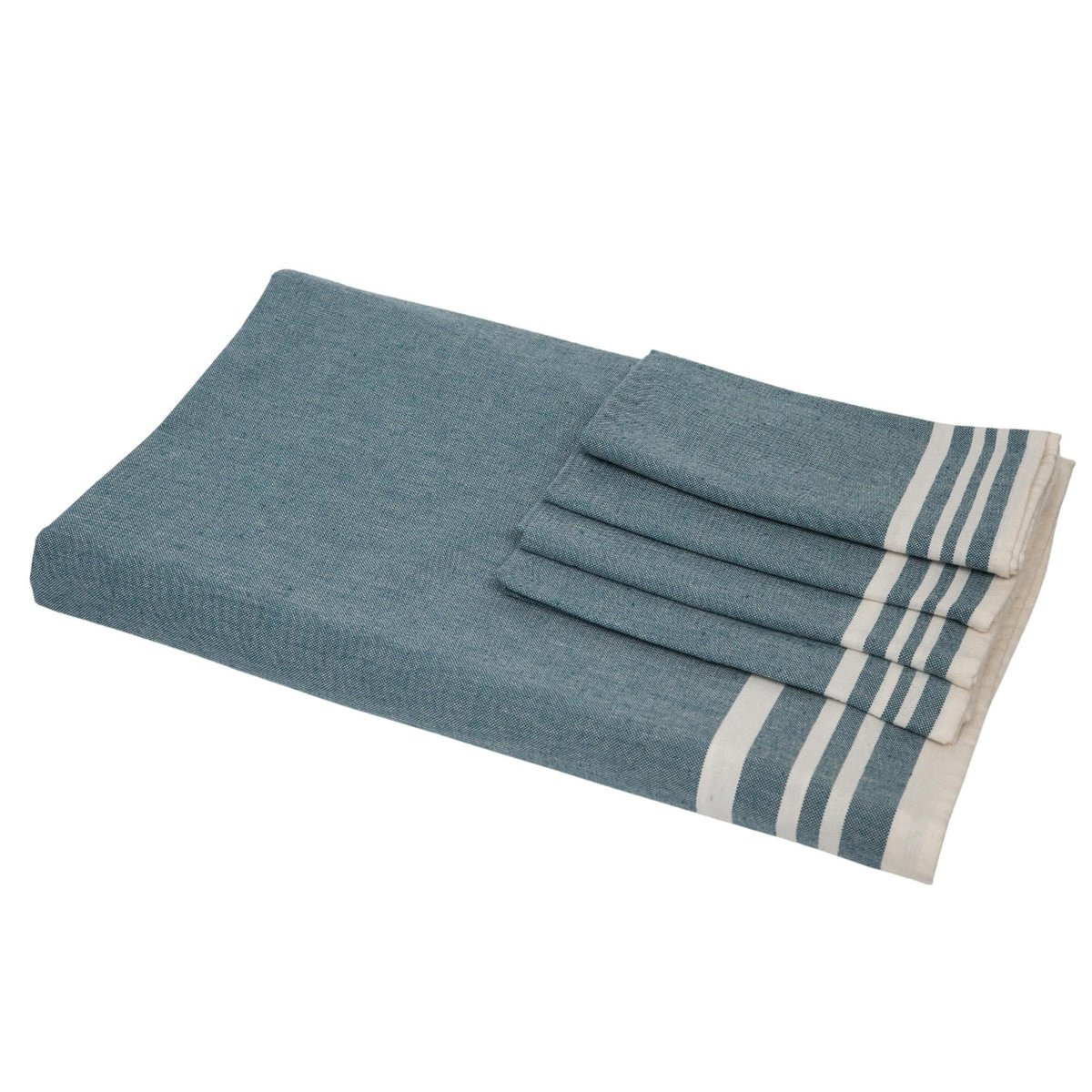 Nappe + 4 serviettes coton MAHDIA bleu pétrole, FEBRONIE