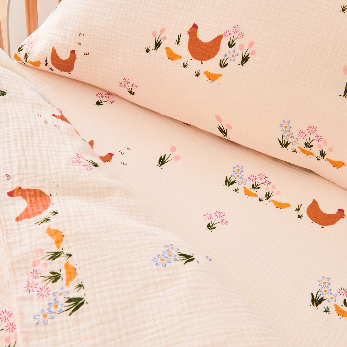 Funda de almohada para bebé, gasa de algodón orgánico, estampado de gallinas, POULETTE rosa , LA REDOUTE INTERIEURS