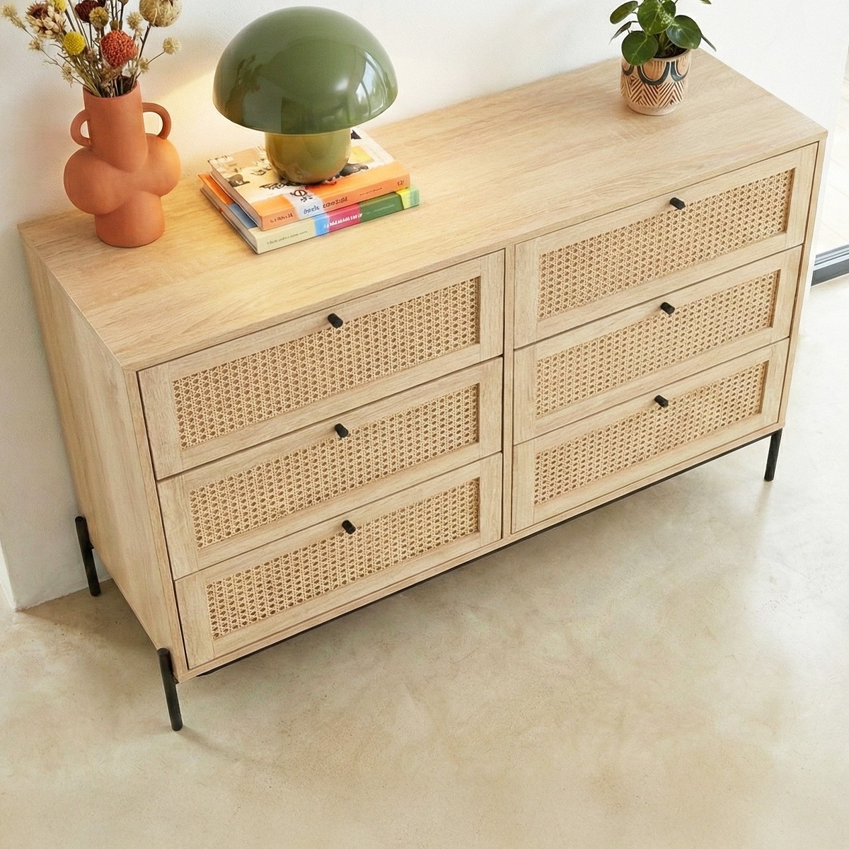 Commode 6 tiroirs en cannage et effet chêne - IRIS naturel, HOMIFAB