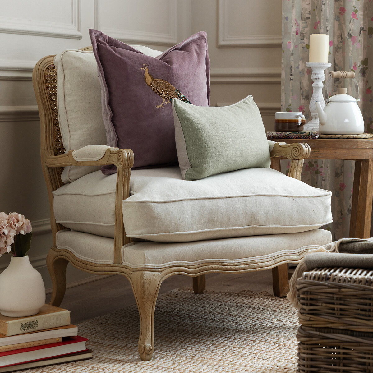 Florence Linen Blend Country Chair with Gold Oak Frame cream, VOYAGE MAISON