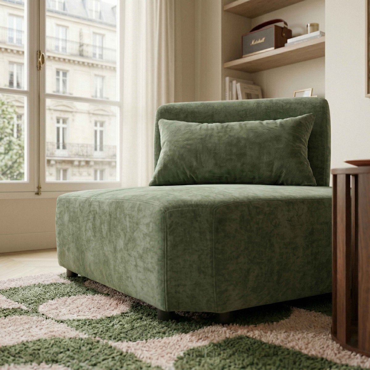 Fauteuil d'angle pour canapé modulable en tissu avec coussin dossier ajustable, CALLISTO vert, OVIALA