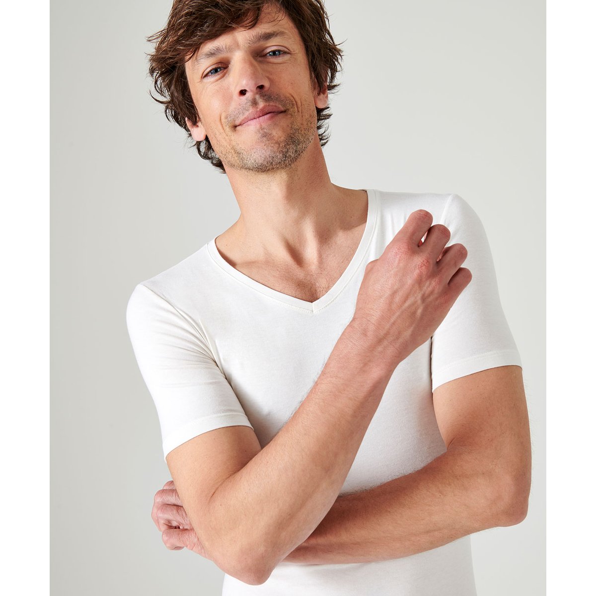 T-shirt Manches Courtes Col V ecru, DAMART