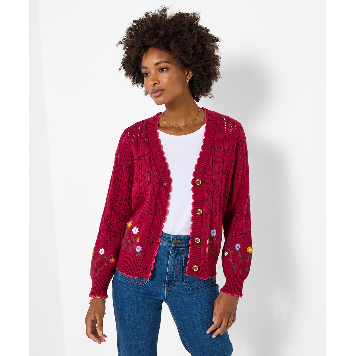 Adorable Cardigan en Maille Ajourée Brodé Fleuri rouge, JOE BROWNS