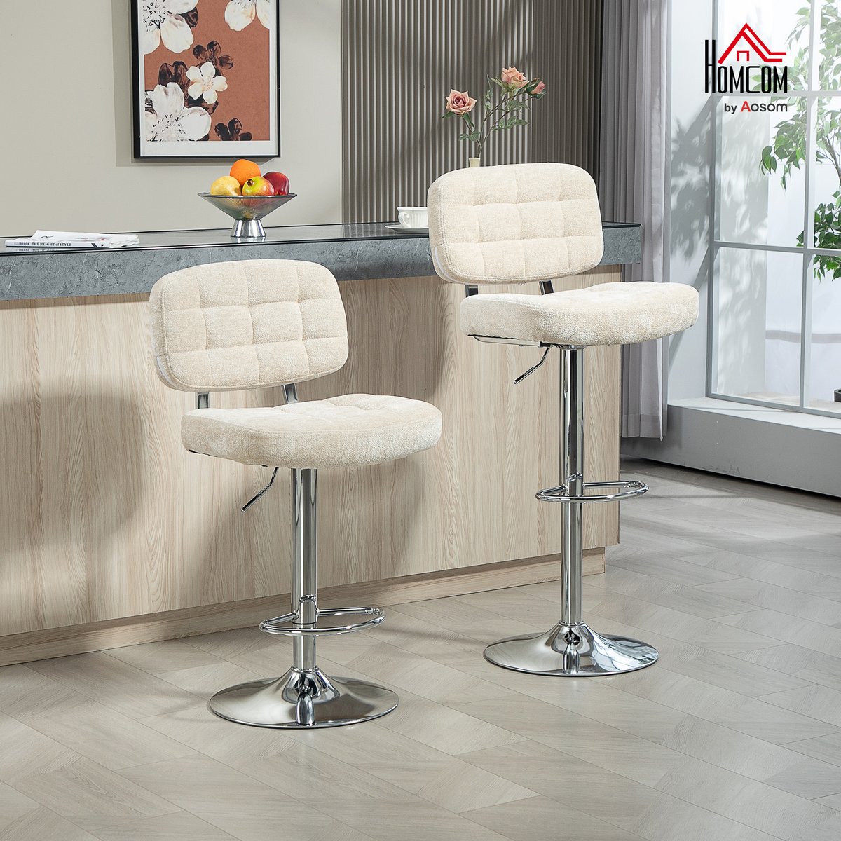 Tabouret de bar Chenille (100 % polyester) beige, HOMCOM
