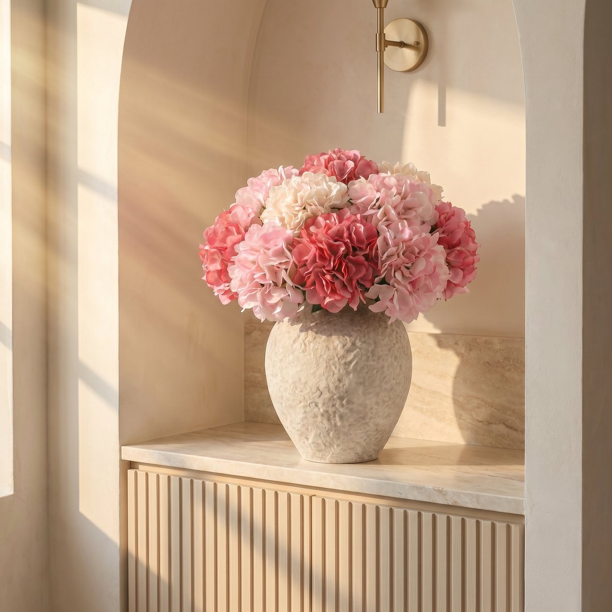 Bouquet de 12 tiges d'hortensia artificiel H63 rose, SIA