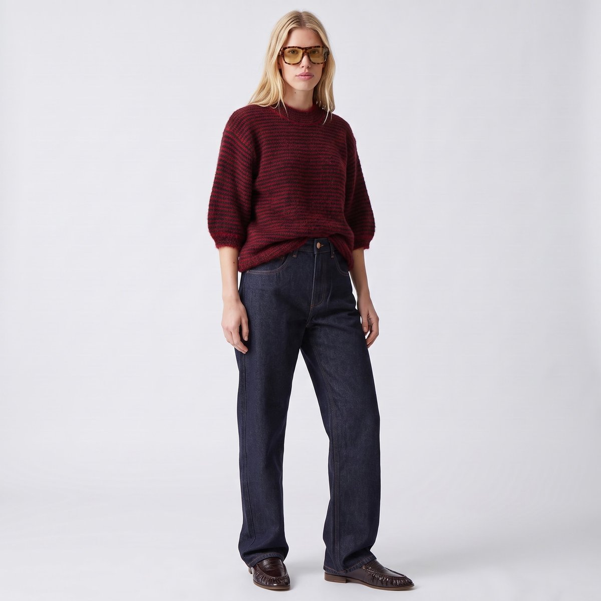 Pull femme manches ballon chiné rayé MARERIE red, ARTLOVE