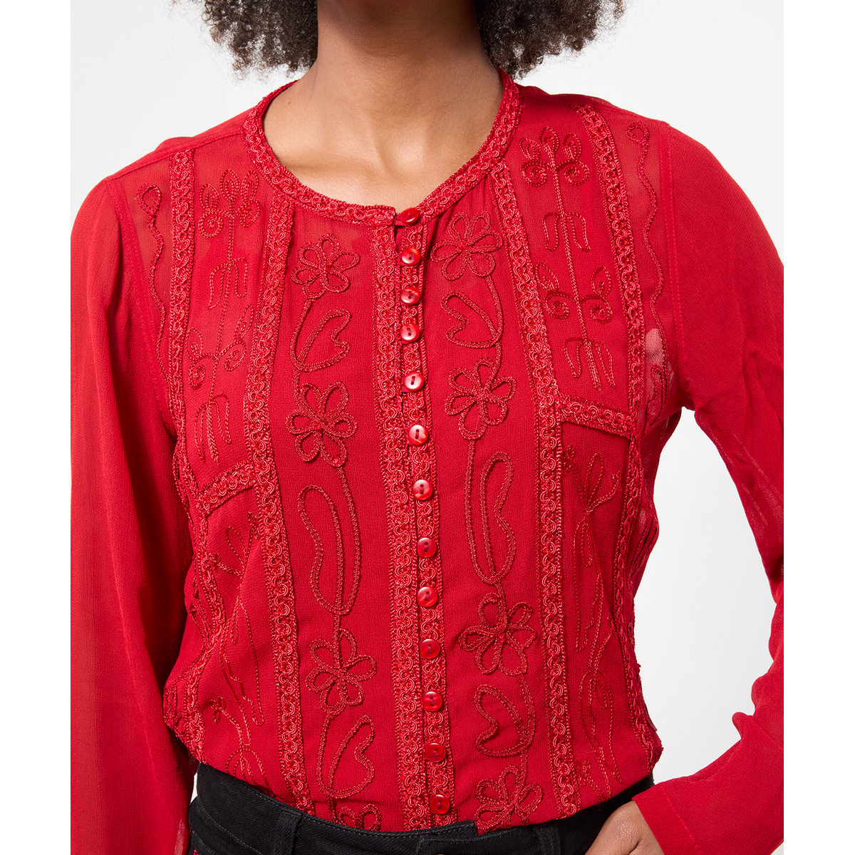 Blouse Boutonnée Brodée Emily avec Caraco rouge, JOE BROWNS