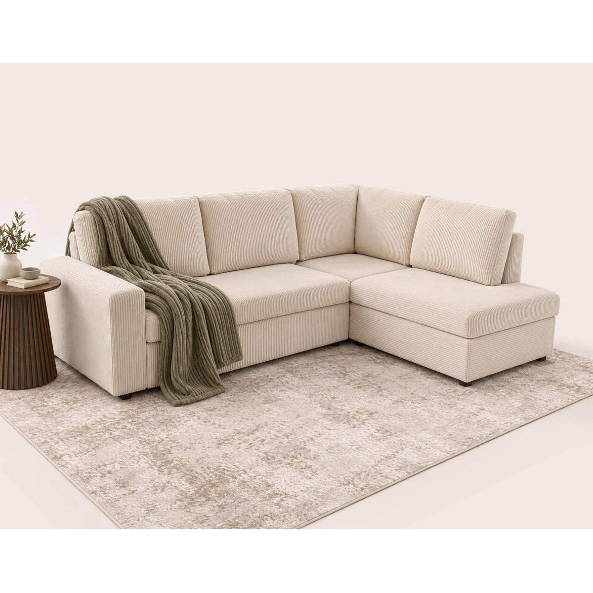 Canapé d'Angle Convertible en Velours côtelé 5 places - MEIYA beige, BEST MOBILIER