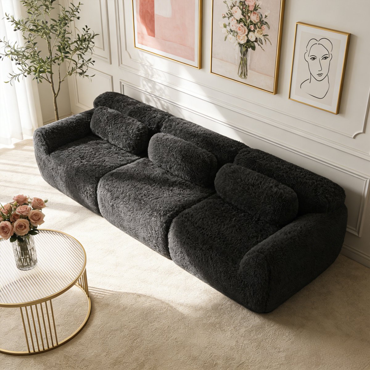 Canapé droit 3 places design moderne, WIND noir, MEUBLES COSY
