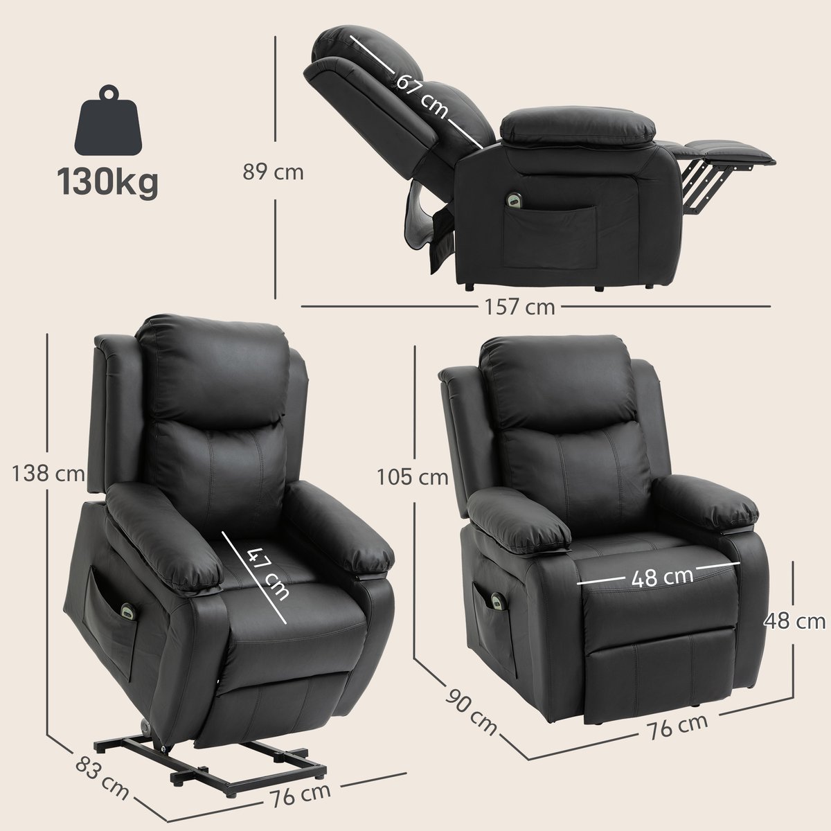 Fauteuil releveur électrique PU Noir noir, HOMCOM