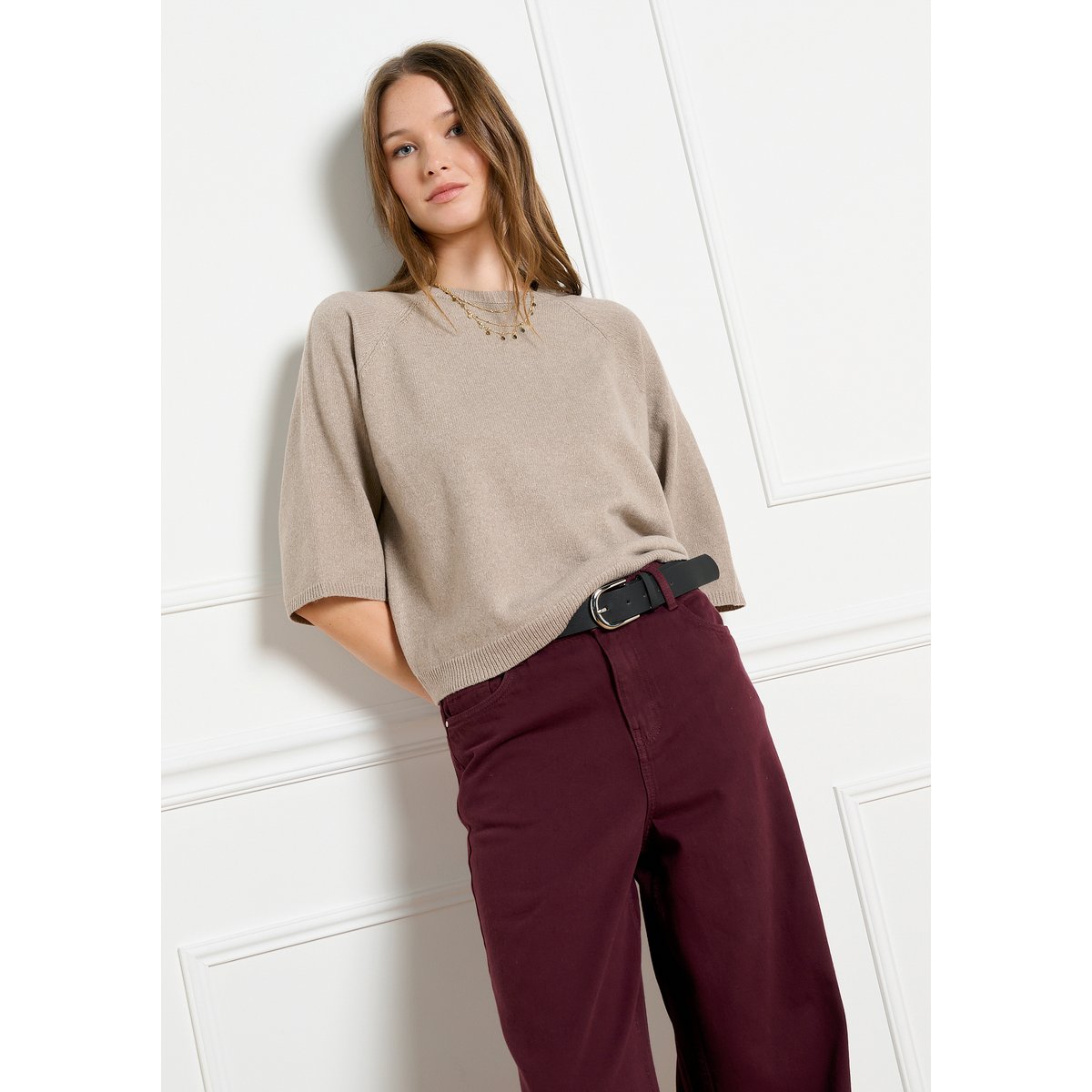 Pull raglan à manches 3/4 taupe, LOLALIZA