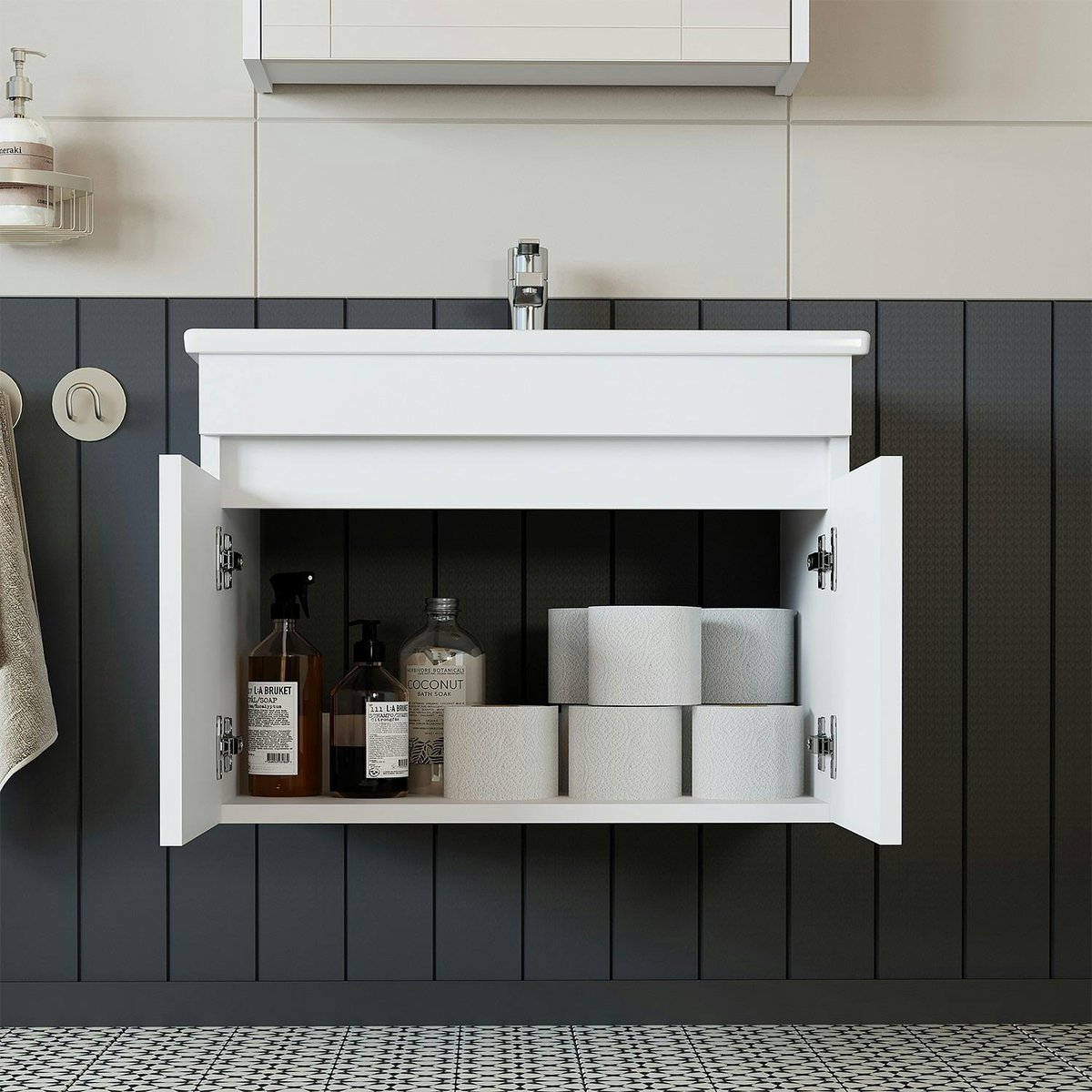 Meuble sous vasque suspendu 65 cm, 2 portes + vasque LAO blanc, PIER IMPORT