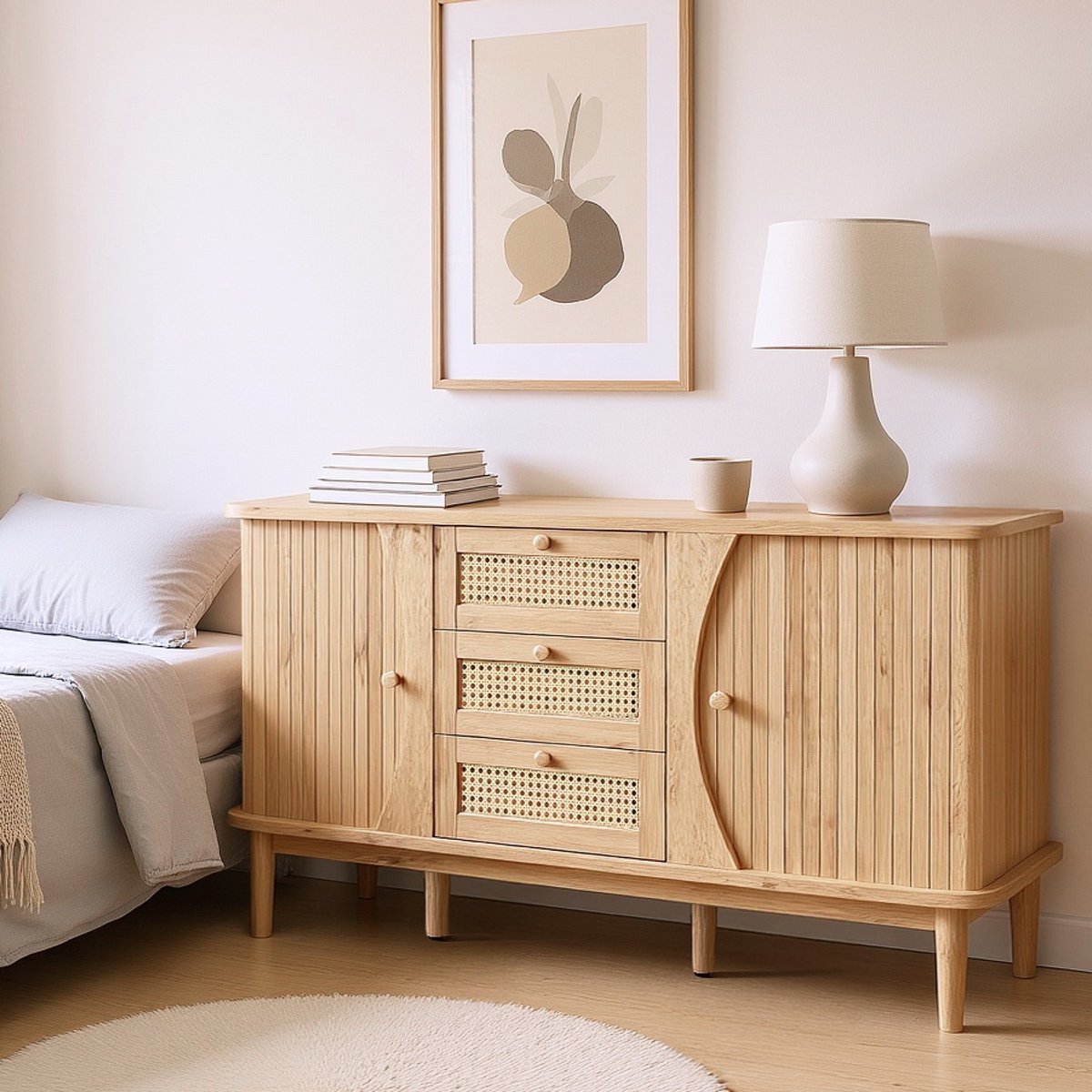 Armoire de rangement avec 2 portes 4 couches et 3 tiroirs ovale style scandinave, KIMIA Armoire chêne, MEUBLES COSY