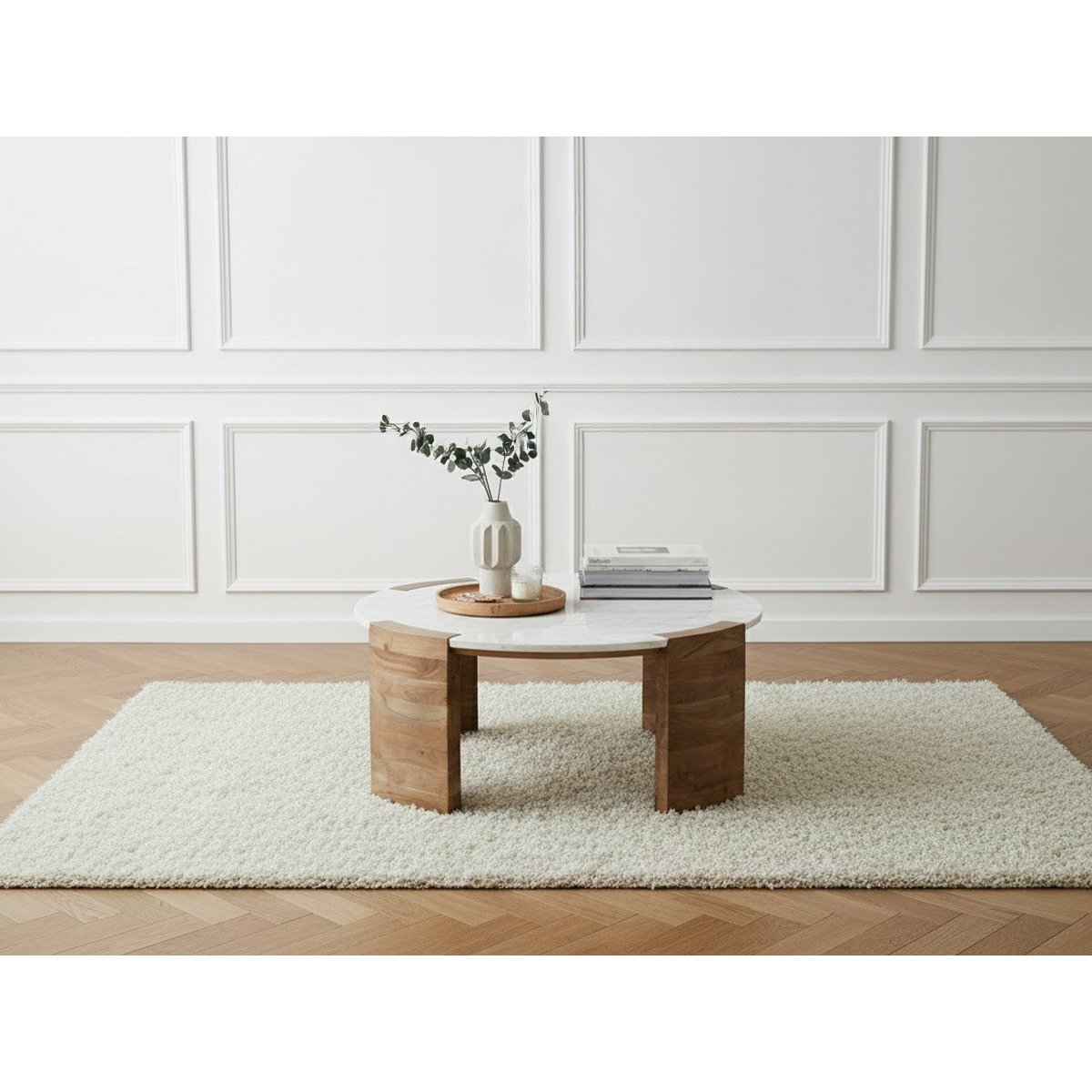 Table basse ronde en marbre, TORVI blanc, BOBOCHIC