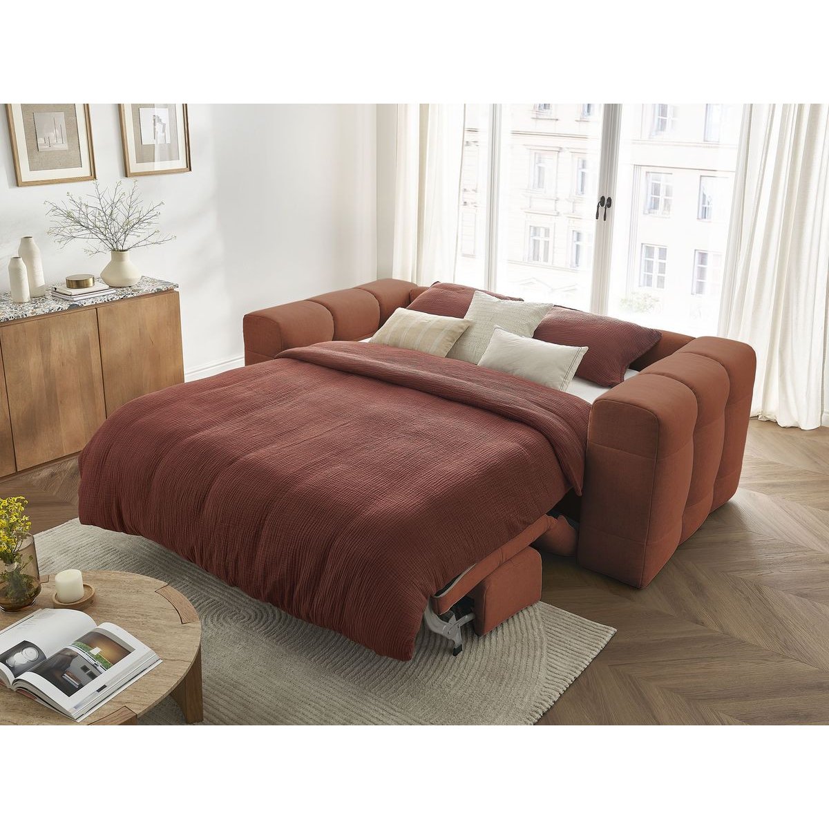 Canapé lit 4 places en tissu lisse, CLOUD orange, BOBOCHIC