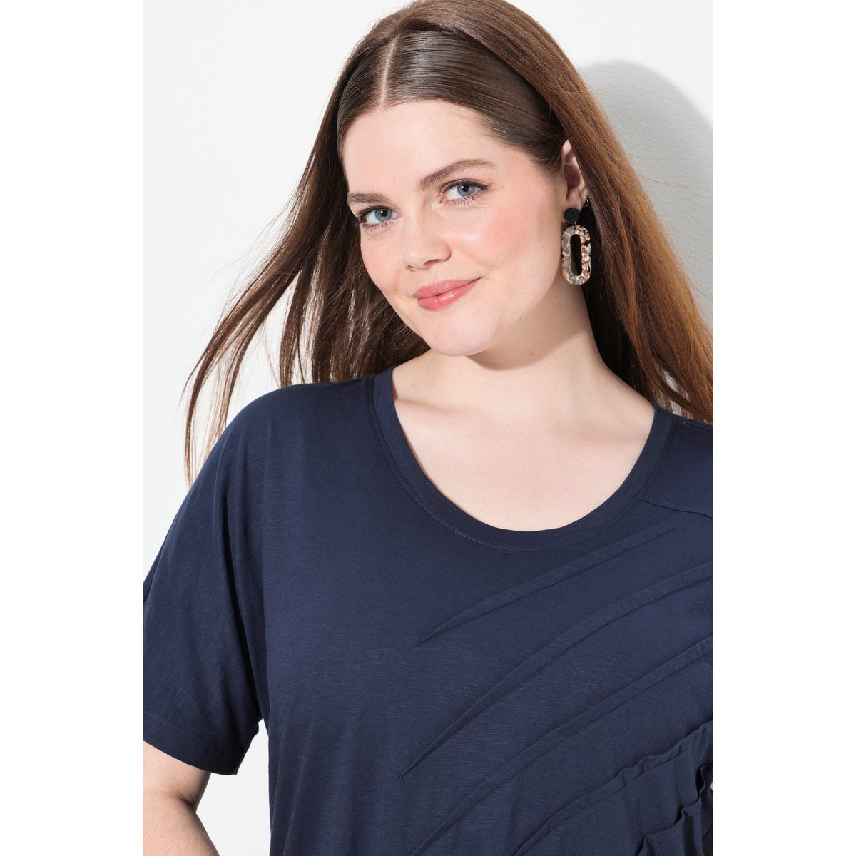 T-shirt, plis, col rond, manches courtes marine, ULLA POPKEN