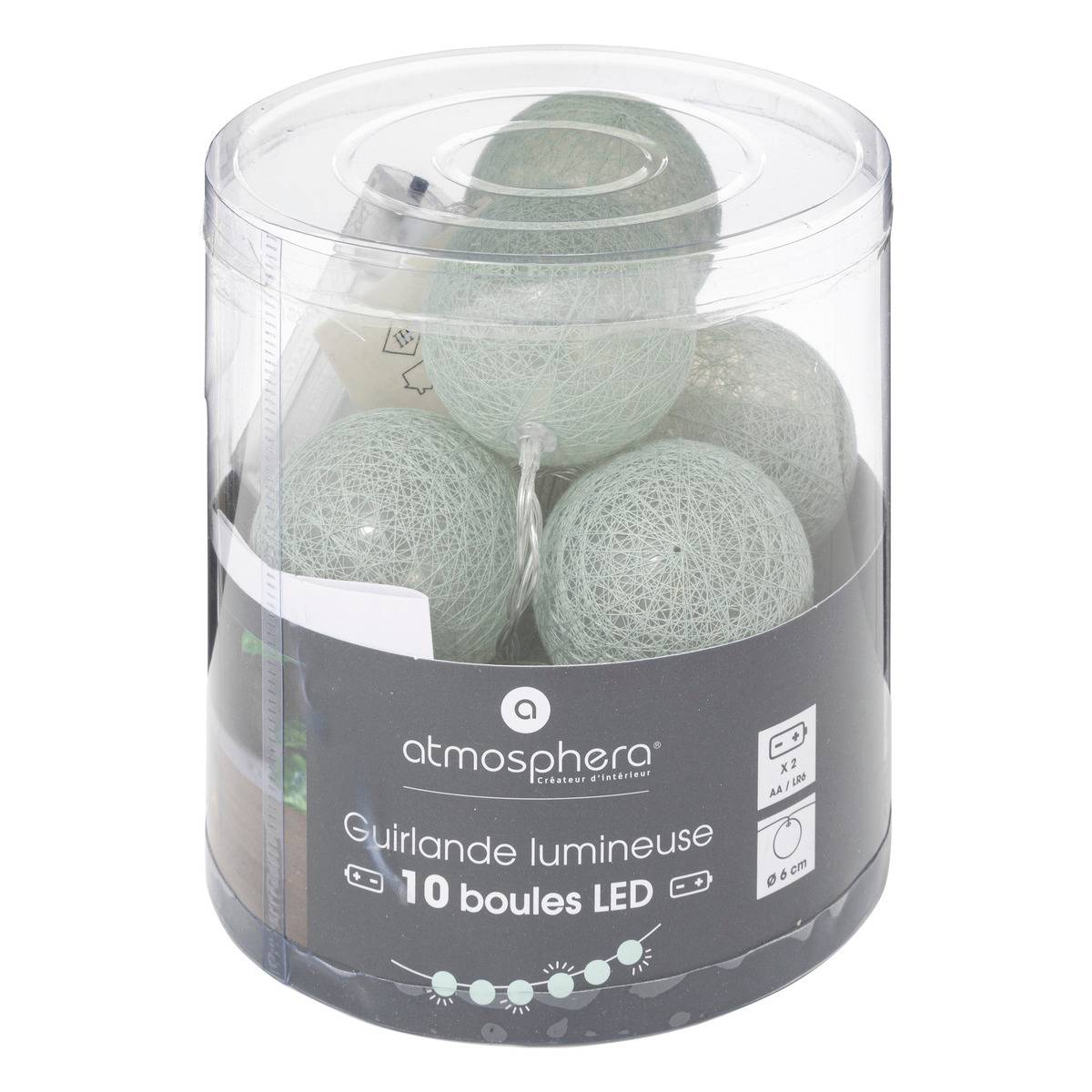 Guirlande LED 10 boules vert cèdre, ATMOSPHERA