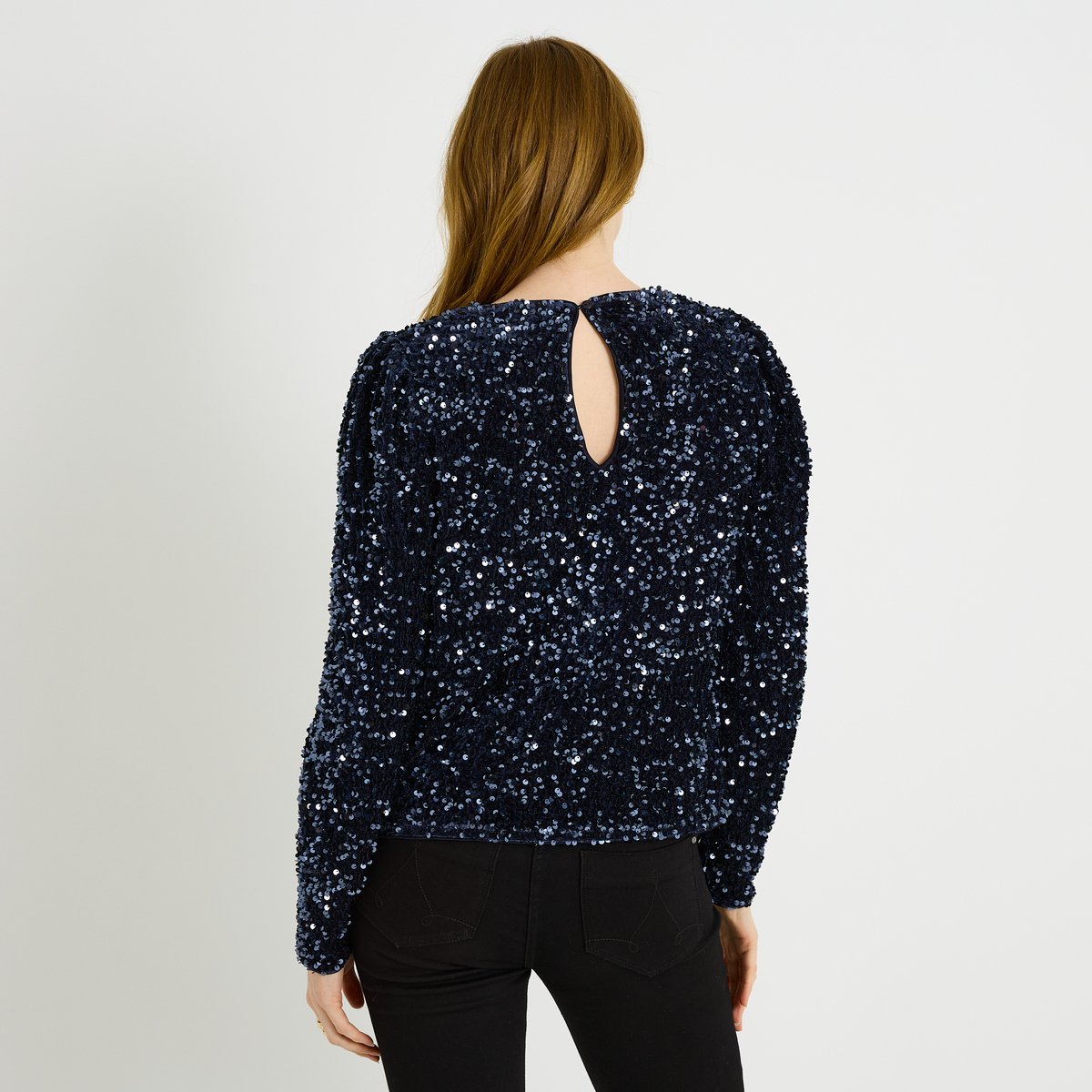 Top manches longues en sequins bleu marine, GRAIN DE MALICE