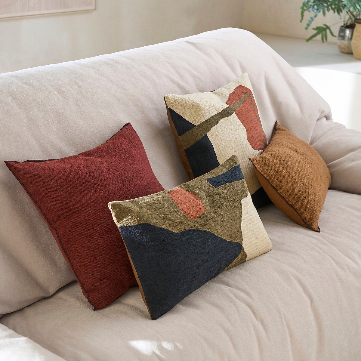 Housse de coussin brodée, rectangulaire, coton, JERAPAH marron, LA REDOUTE INTERIEURS