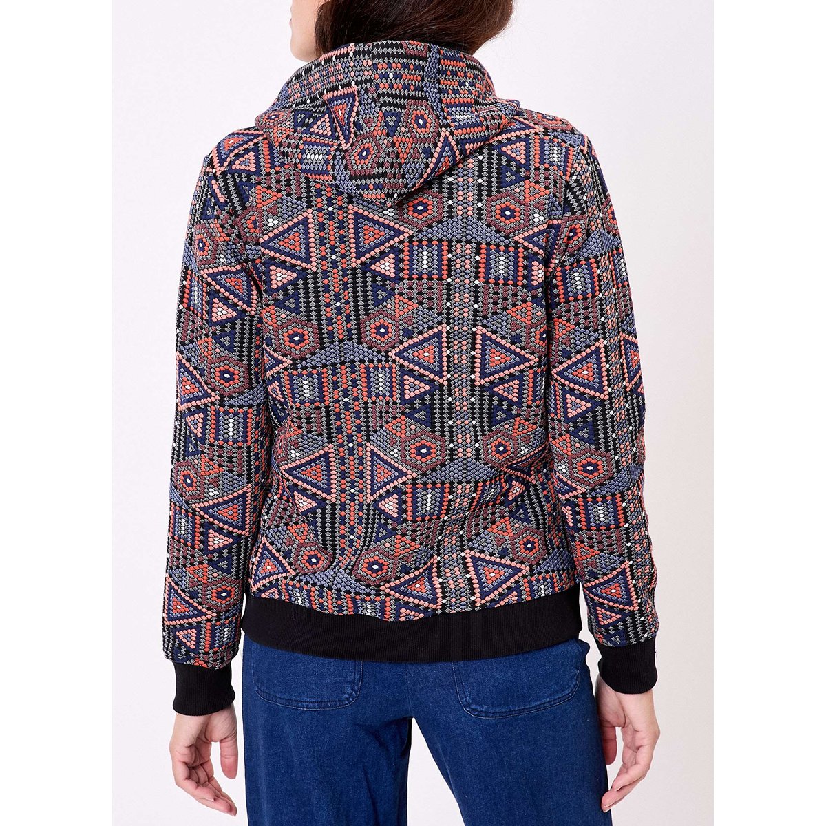Sweat zippé maille jacquard YUMI bleu orange, LA FIANCÉE