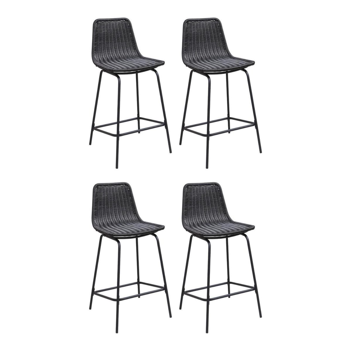 Lot de tabourets d'ilot et bar en métal et assise en rotin 65cm BALI|Lot de 4 | Lot de 4 noir, MOB IN