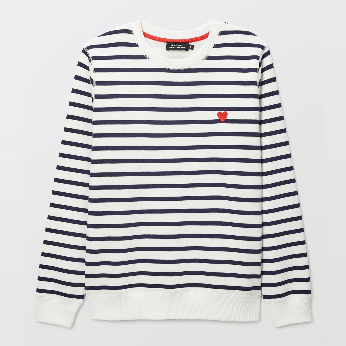 Sweat marinière avec broderie coeur en molleton blanc, MONOPRIX