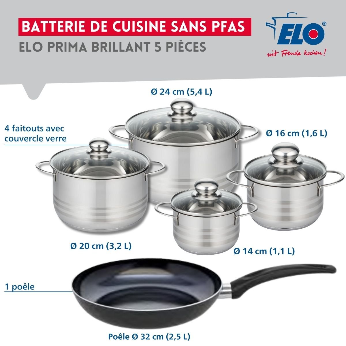 Batterie 1 poêle 32cm + 4 faitouts 14/16/20/24cm PRIMA BRILLANT noir, ELO