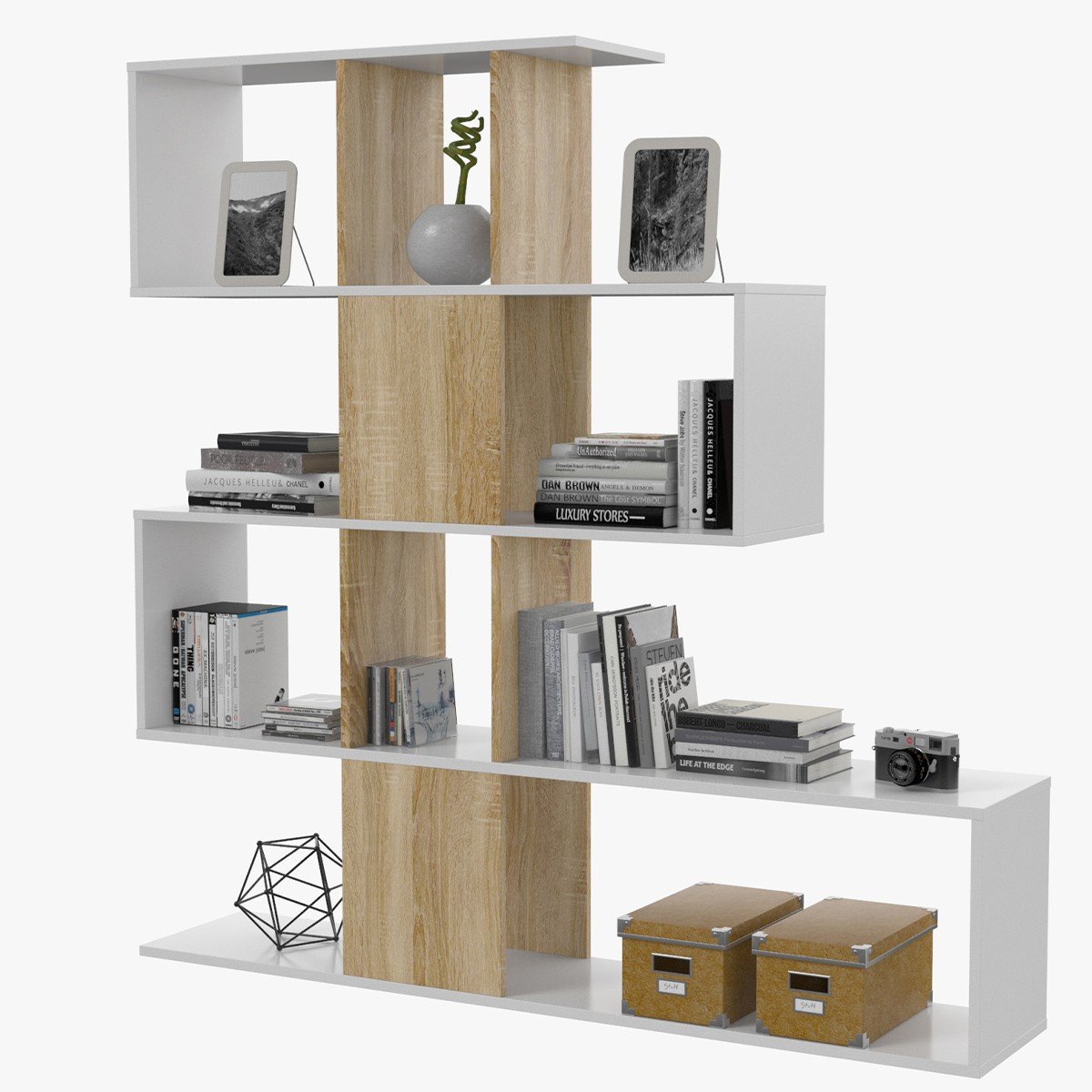 Bibliothèque avec 4 niveaux et 11 compartiments de rangement H145 cm - Zigzag bois clair, CALICOSY