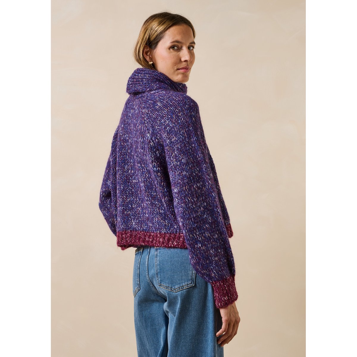 Pull court irisé manches longues col boule violet, LA FEE MARABOUTEE
