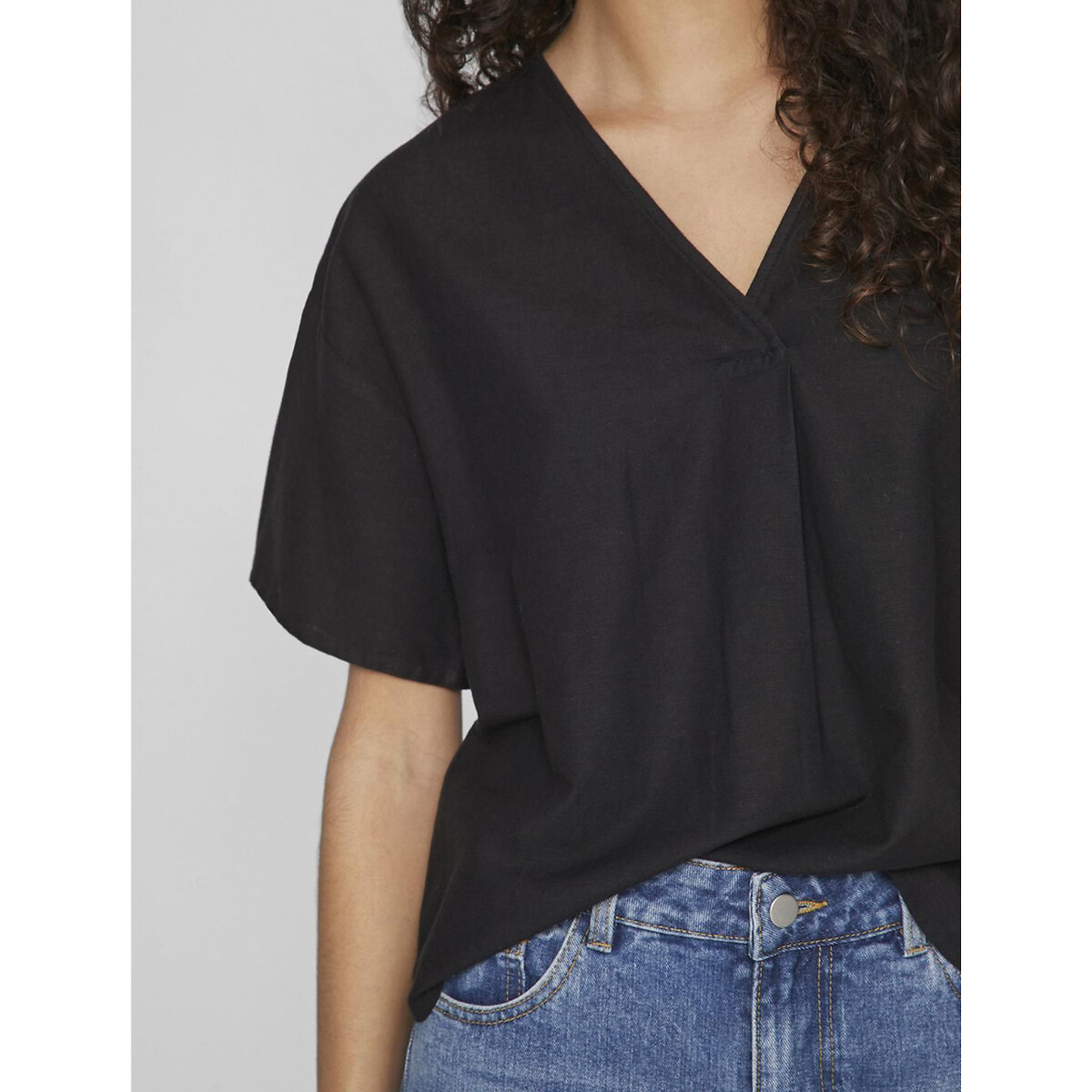 Blouse manches courtes, col V noir, VILA