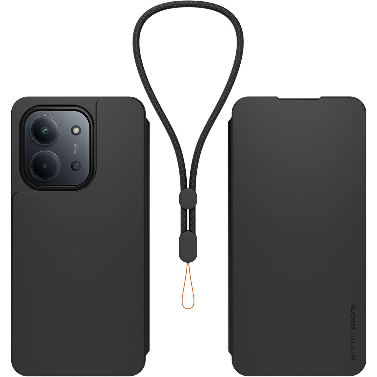 Etui avec cordon Redmi 15C 4G/5G Noir + dragonne couleur unique, MADE FOR XIAOMI
