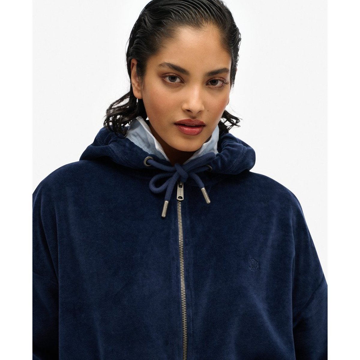 Sweat à capuche zippé en velours bleu marine profond, SUPERDRY