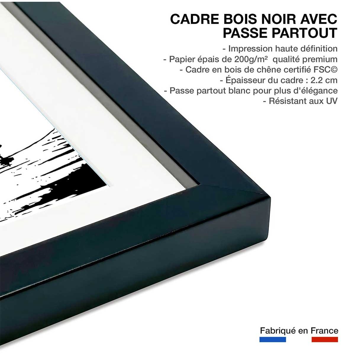 Poster shore break affiche + cadre en bois - noir, HEXOA
