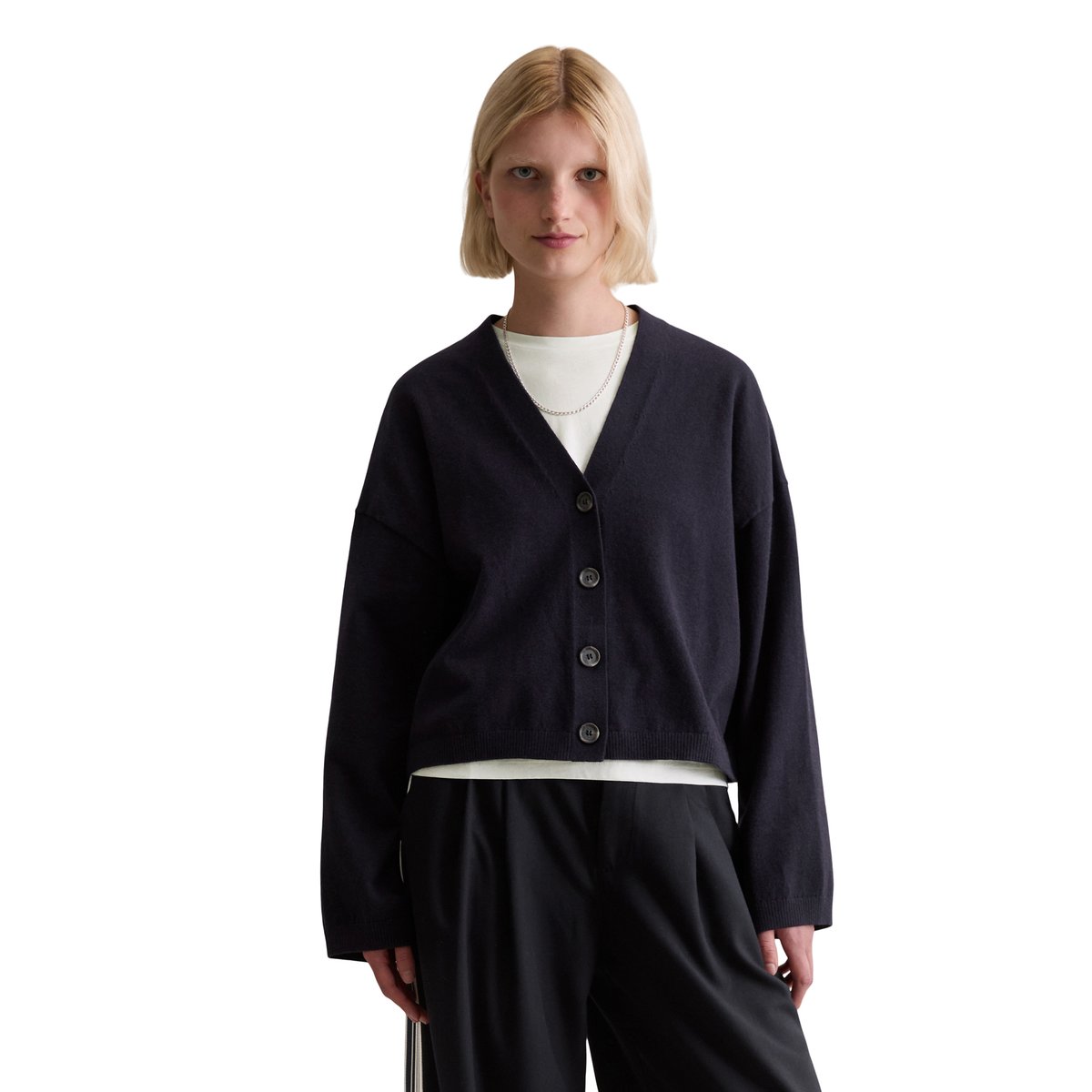 Cardigan col V relaxed en Soft Cotton Stretch bleu foncé, MARC O’POLO DENIM