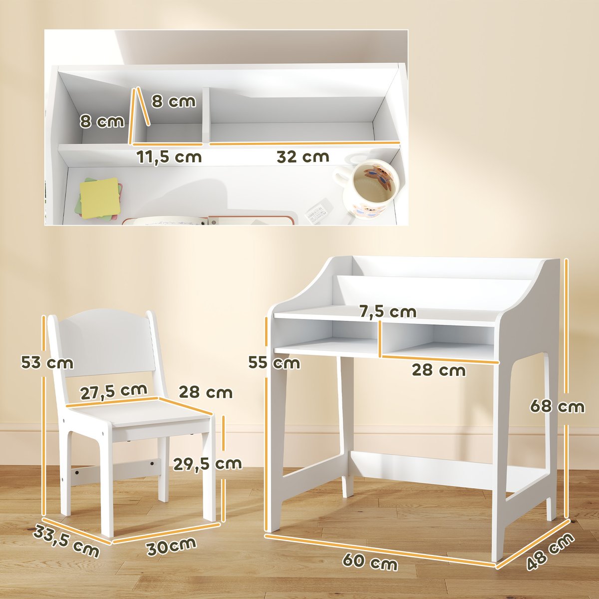 Bureau d'étude pour enfants avec chaise MDF blanc, AIYAPLAY