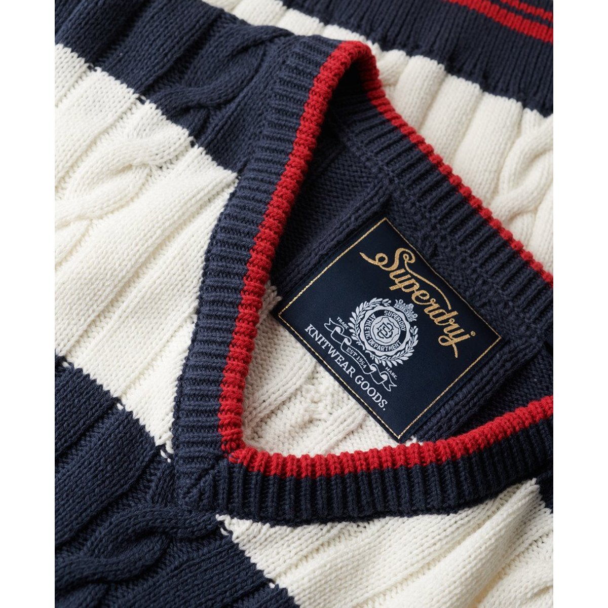Pull oversize torsadé et rayé à col V rayé bleu marine profond, SUPERDRY