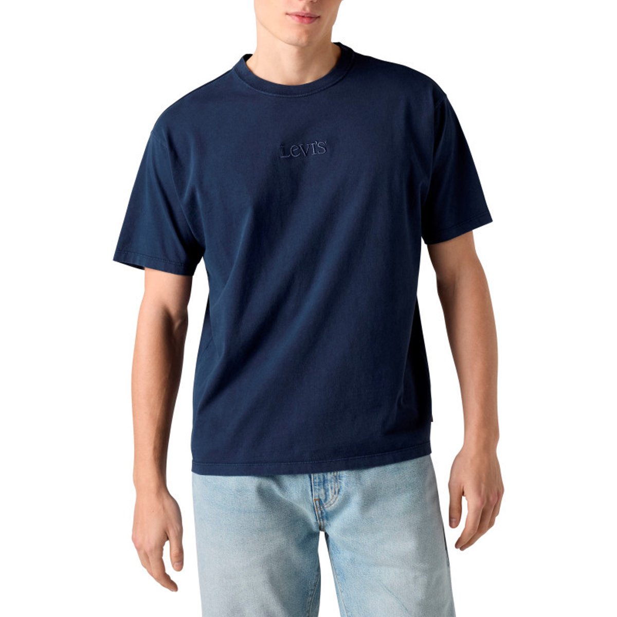 T-shirt en coton marine à coupe droite pourvu d'un col rond côtelé bleu foncé, LEVI'S