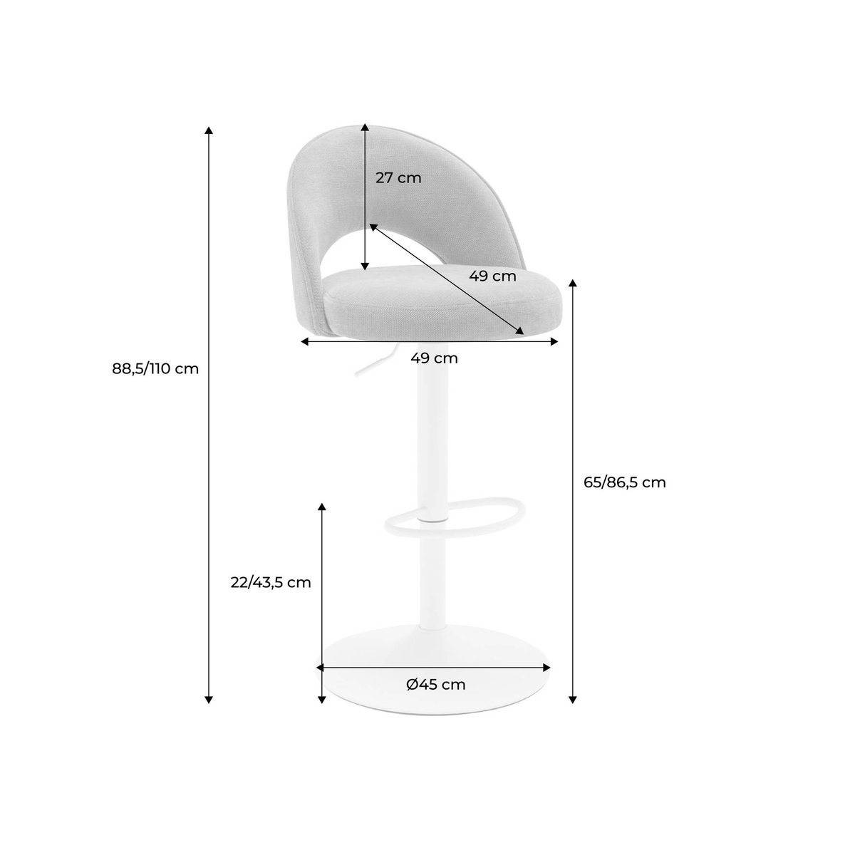 Tabouret de bar ajustable métal et tissu avec base noire 65/86,5cm (lot de 2) ABBY noir, SWEEEK