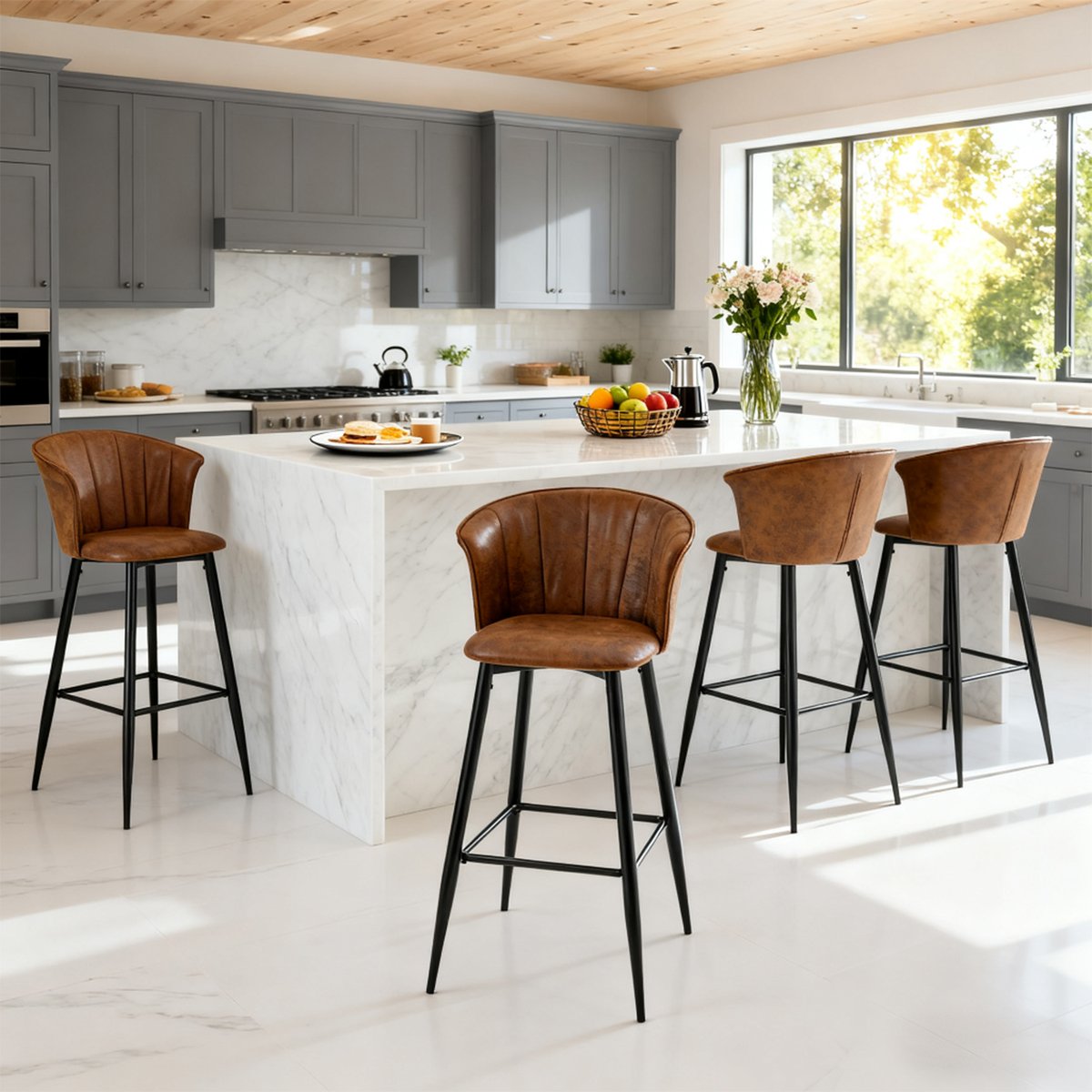 Lot de 4 tabourets de bar rétro industriel, DONCIC marron, MEUBLES COSY