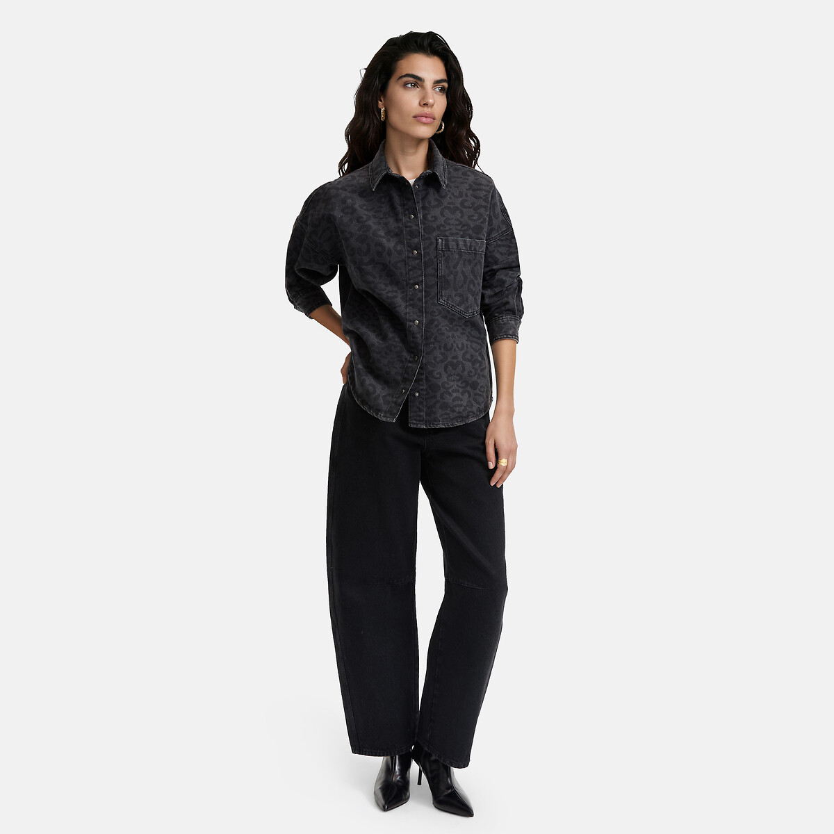 Chemise oversize en denim, imprimé léopard imprimé léopard/gris, LA REDOUTE COLLECTIONS