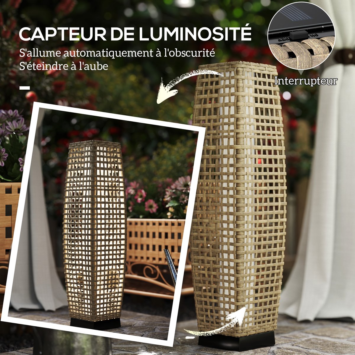 Lampadaire LED solaire de jardin style colonial résine filaire beige, OUTSUNNY