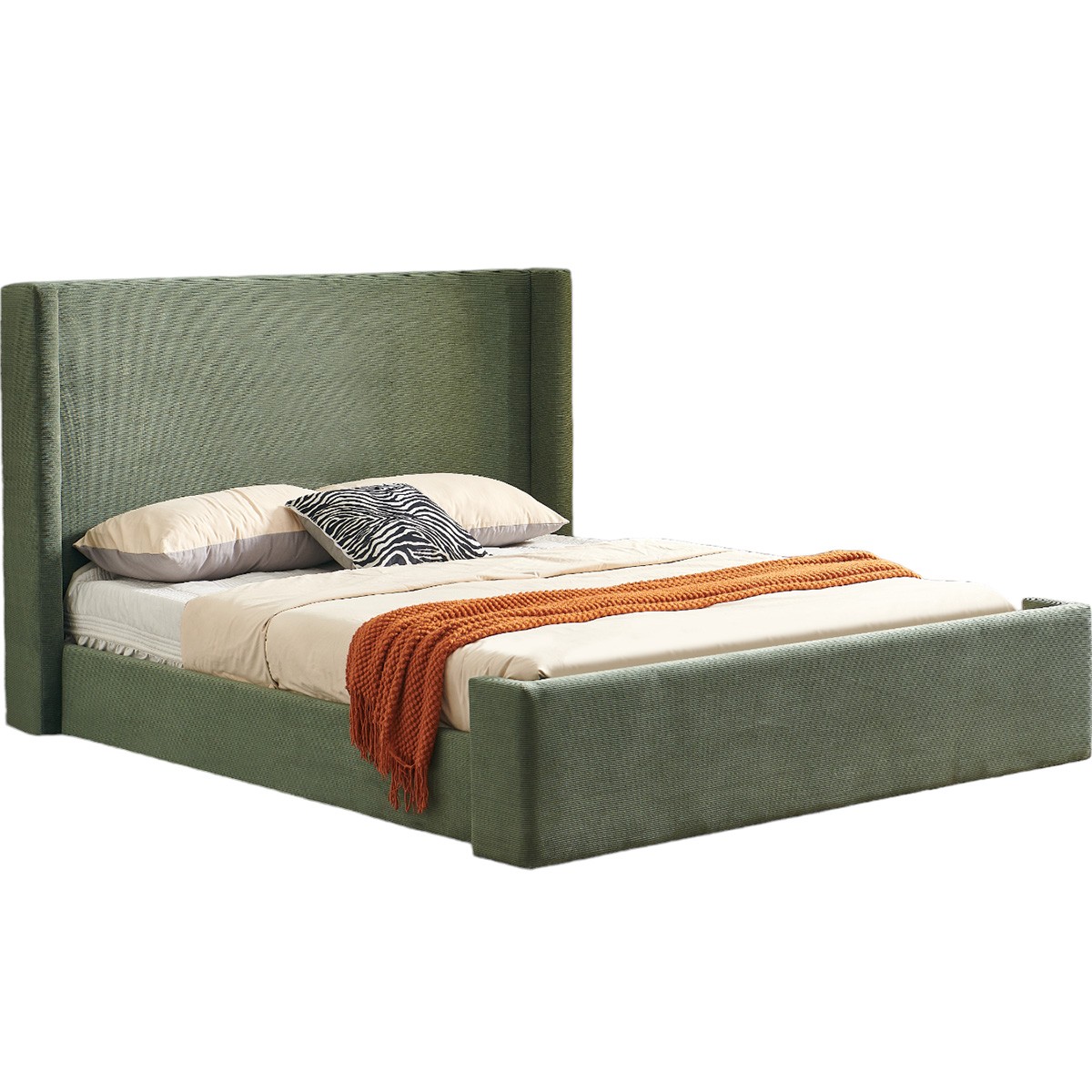 Lit avec tête de lit matelassée en velours côtelé - FRIDA vert kaki, HOMIFAB