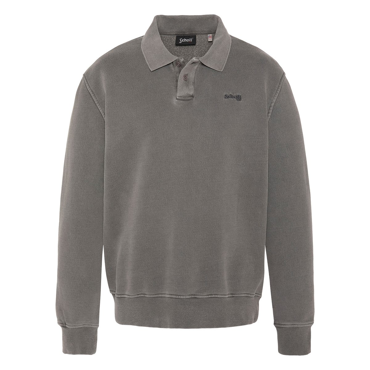 Sweatshirt col polo bleu, effet délavé charbon, SCHOTT