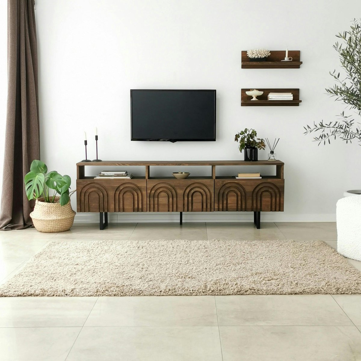 Meuble TV bois brun motif arches avec 2 étagères JACA bois naturel, PIER IMPORT