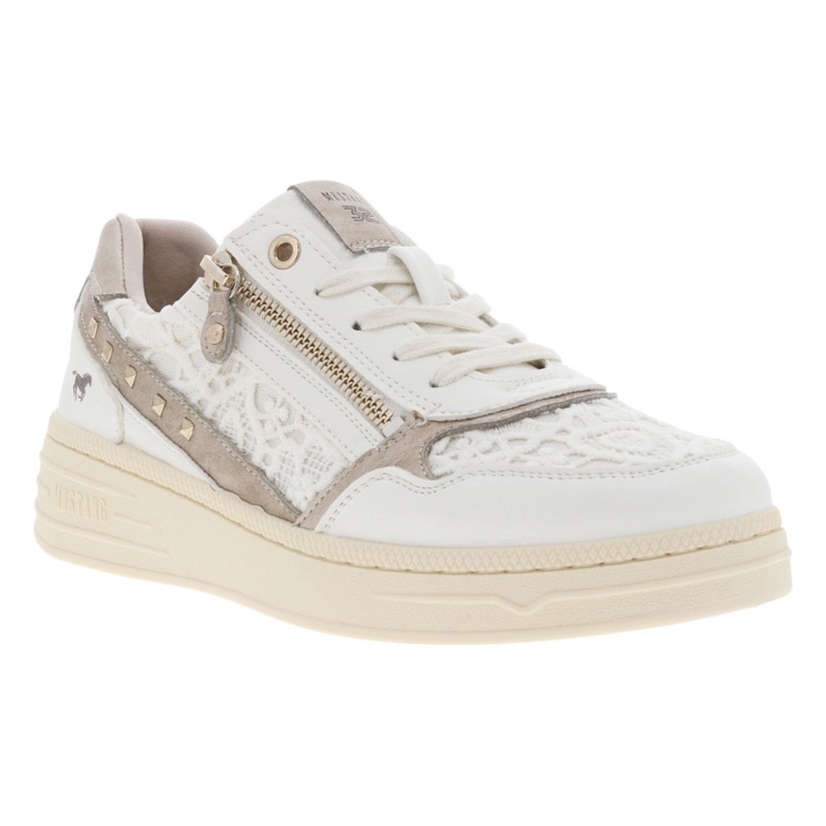 Sneakers blanches à broderies aspect dentelle et à semelle compensée basse blanc, MUSTANG