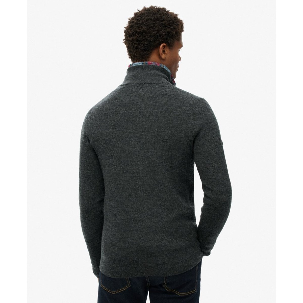 Pull semi-zippé en laine mérinos anthracite foncé chiné, SUPERDRY