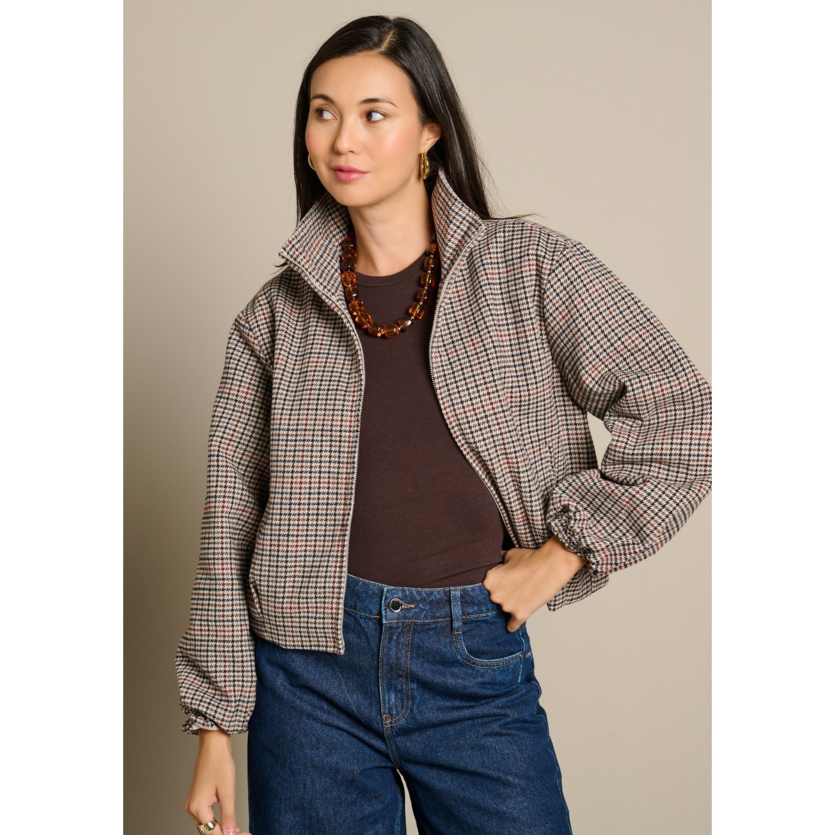 Veste imprimé pied-de-poule lt beige, LOLALIZA