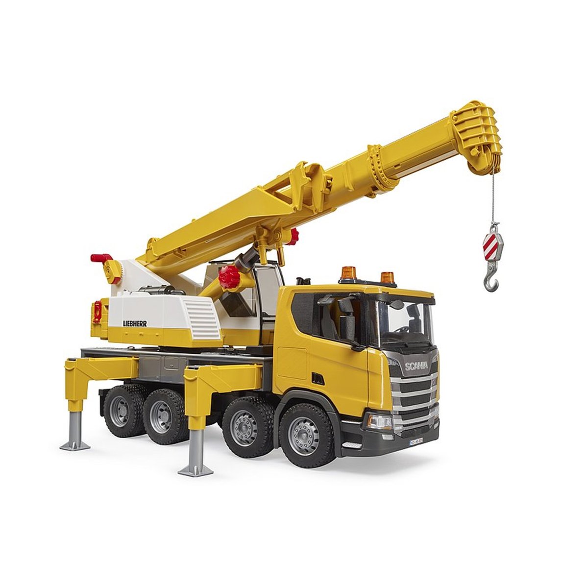 Scania Super 560R Liebherr camion-grue avec module son et lumière jaune, BRUDER