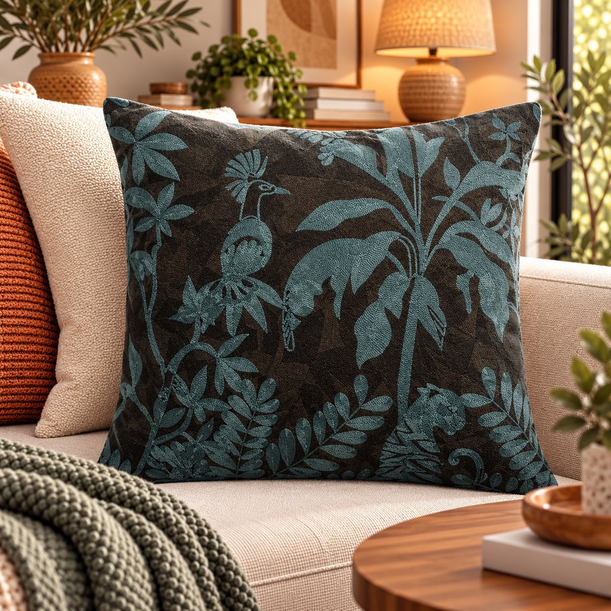 Coussin brodé Aurore Céleste carbone, EDEN